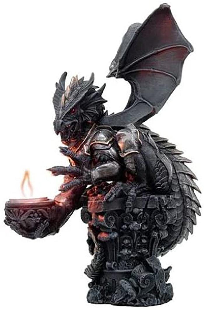 ebros gift Large Rune Armored Dragon On Pedestal Tea Light Candle Holder Statue Figurine
