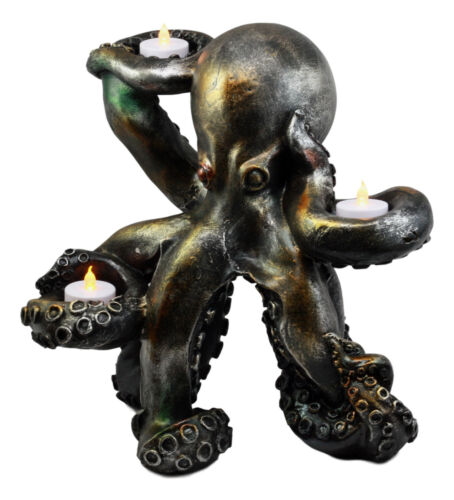 ebros gift Large Rustic Bronze Deep Ocean Octopus Candle Holder Statue Kraken Sea Monster