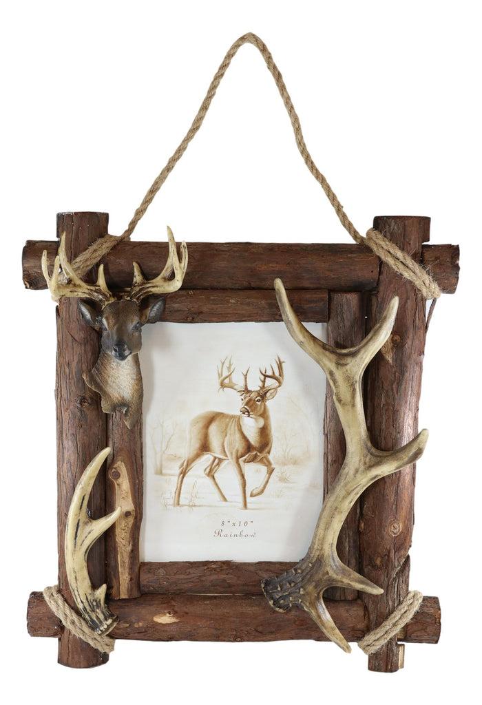 Ebros Gift Large Rustic Buckhorn Stag Deer Antlers With Wooden Logs 8"X10" Photo Frame