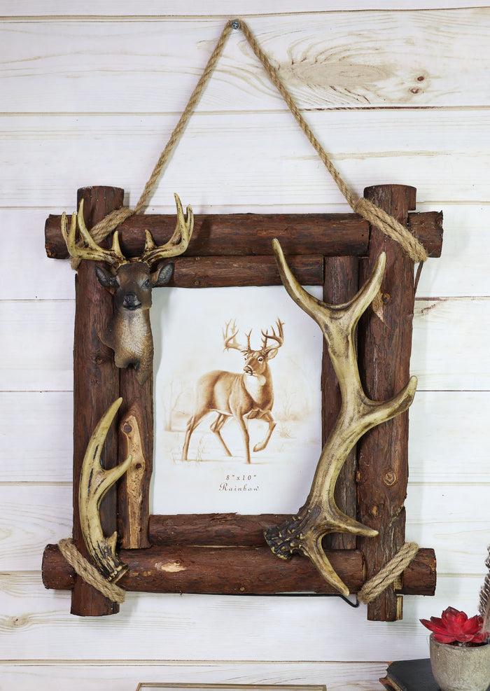 ebros gift Large Rustic Buckhorn Stag Deer Antlers With Wooden Logs 8"X10" Photo Frame