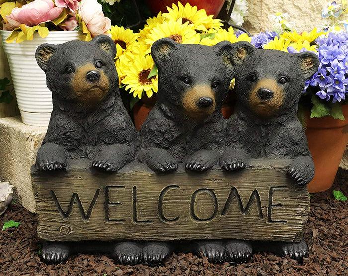 ebros gift Large Rustic Forest 3 Black Brother Bear Cubs Holding Welcome Sign Statue Decor