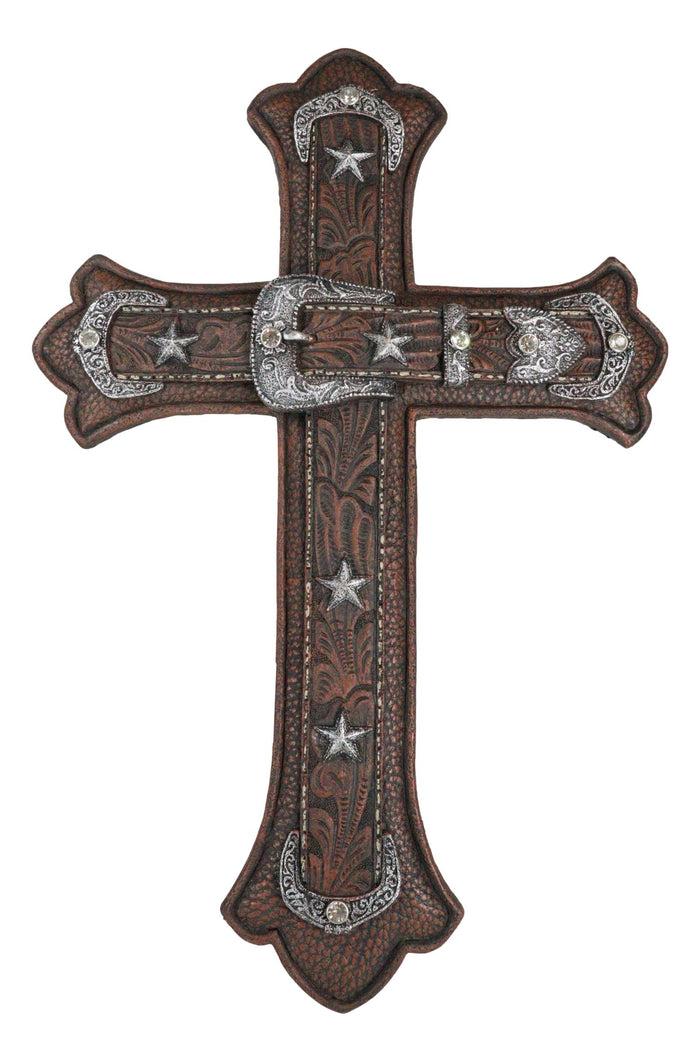 Ebros Gift Large Rustic Western Cowboy Faux Tooled Leather Floral Belt Buckle Wall Cross