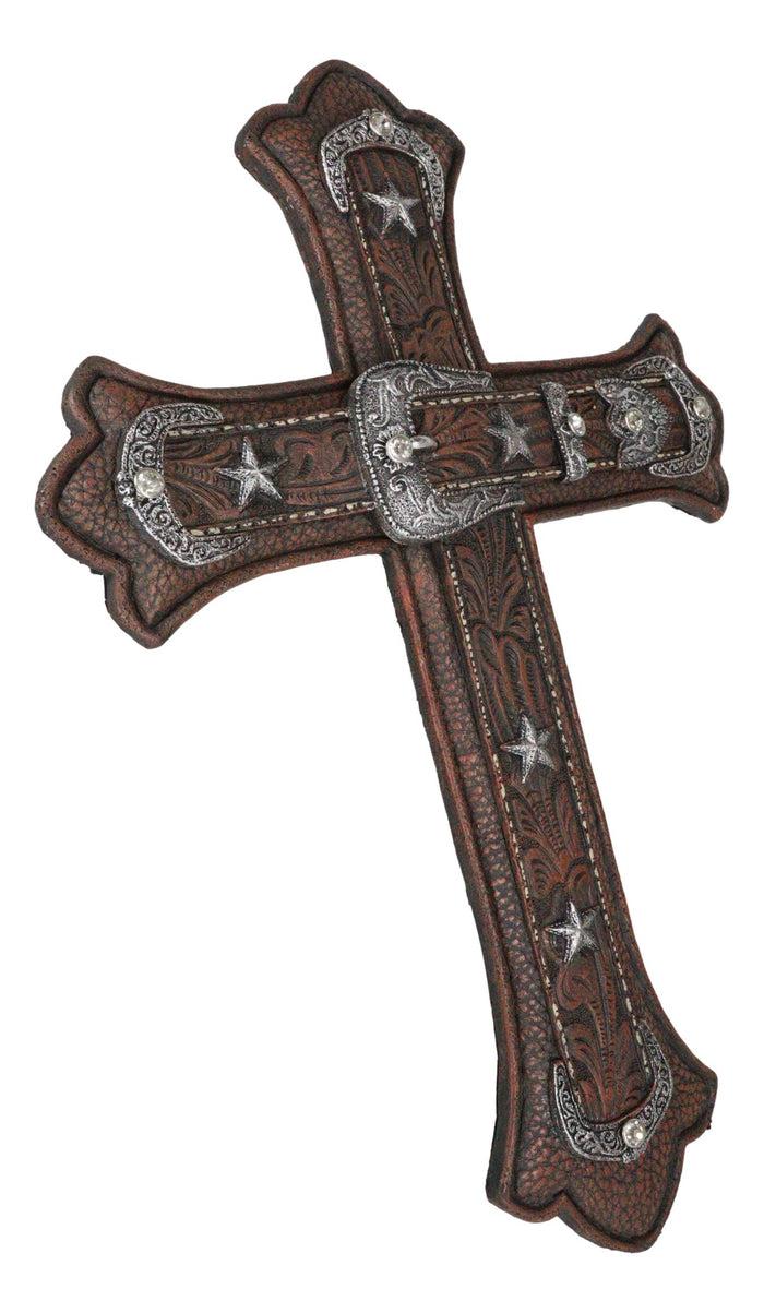 Ebros Gift Large Rustic Western Cowboy Faux Tooled Leather Floral Belt Buckle Wall Cross