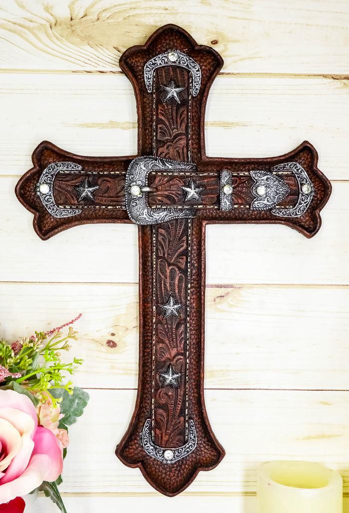 ebros gift Large Rustic Western Cowboy Faux Tooled Leather Floral Belt Buckle Wall Cross