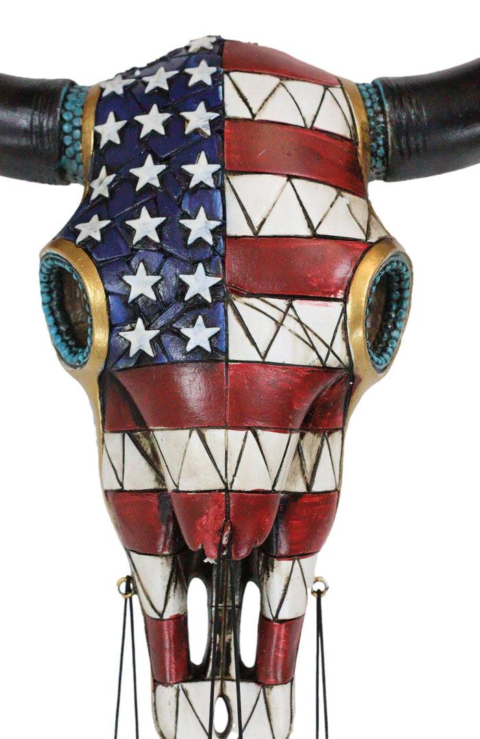 Ebros Gift Large Rustic Western Patriotic Bull Cow Skull With US Flag Decorative Wind Chime
