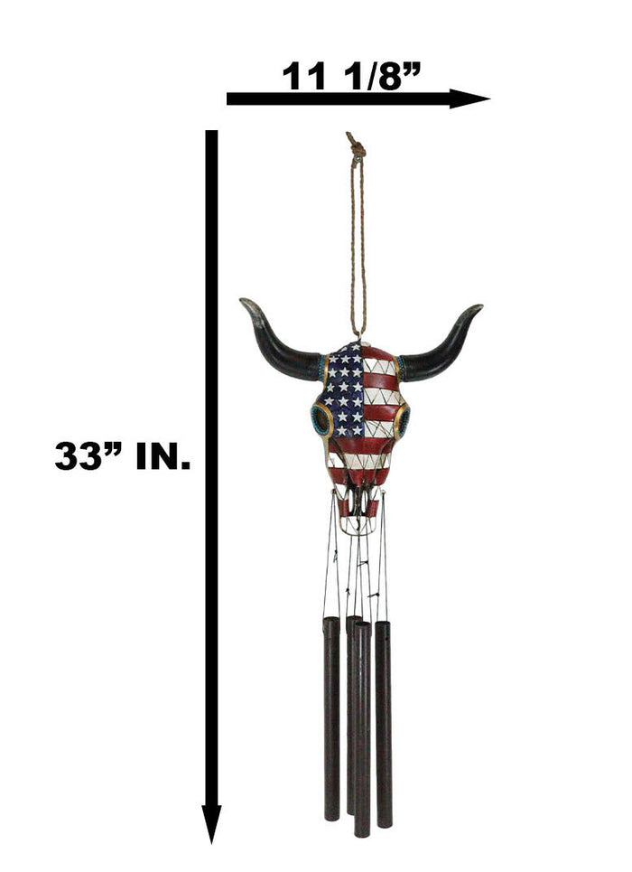 Ebros Gift Large Rustic Western Patriotic Bull Cow Skull With US Flag Decorative Wind Chime