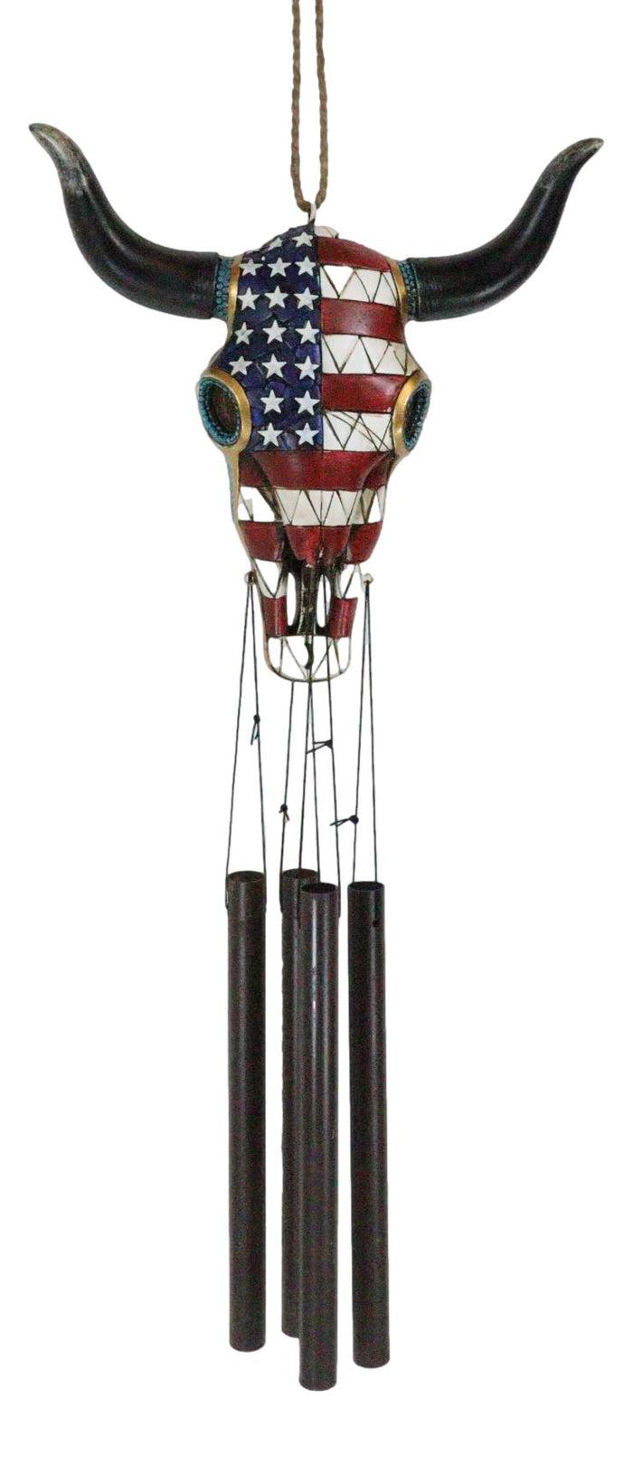 ebros gift Large Rustic Western Patriotic Bull Cow Skull With US Flag Decorative Wind Chime