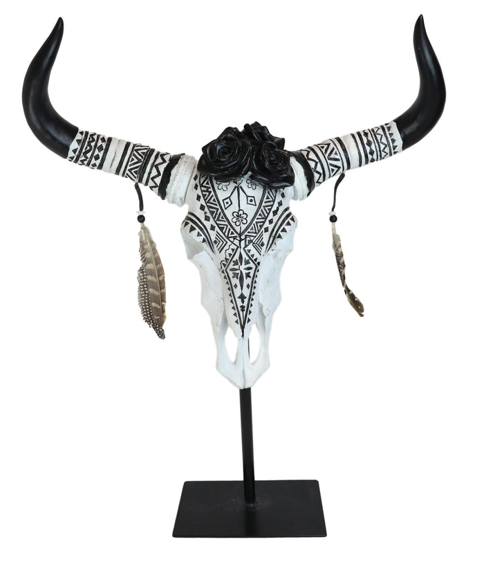Ebros Gift Large Rustic Western Tribal Black Roses Longhorn Cow Skull Desktop Plaque 32"H