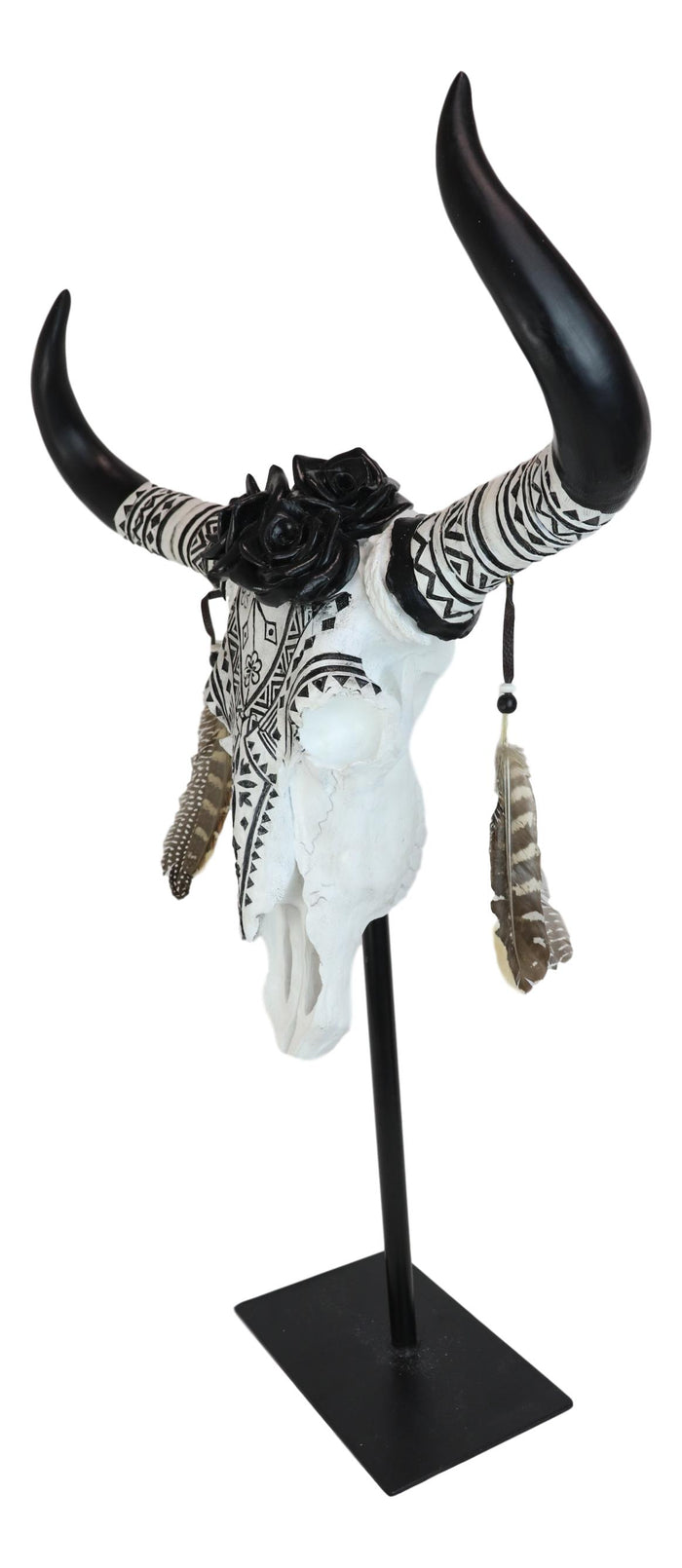 Ebros Gift Large Rustic Western Tribal Black Roses Longhorn Cow Skull Desktop Plaque 32"H
