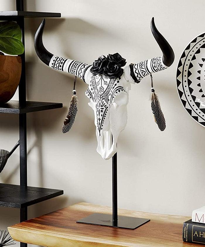 ebros gift Large Rustic Western Tribal Black Roses Longhorn Cow Skull Desktop Plaque 32"H