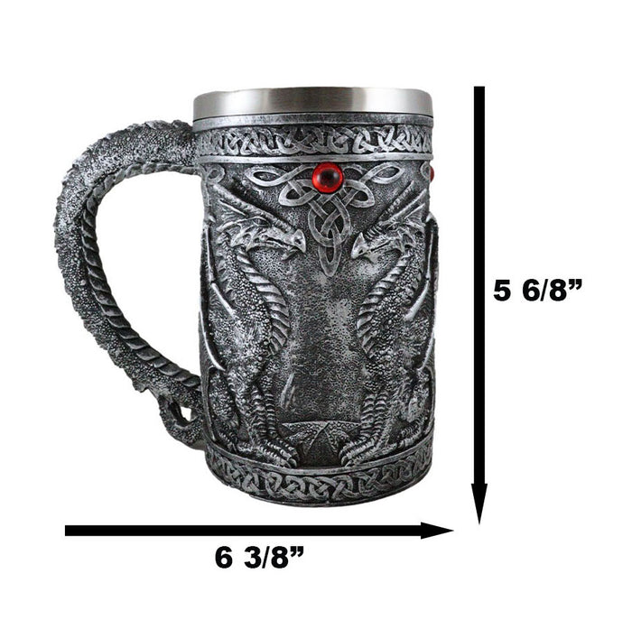 Ebros Gift Large Silver Celtic Twin Dragon Fire Drakes Coffee Mug Beer Stein Tankard 14oz