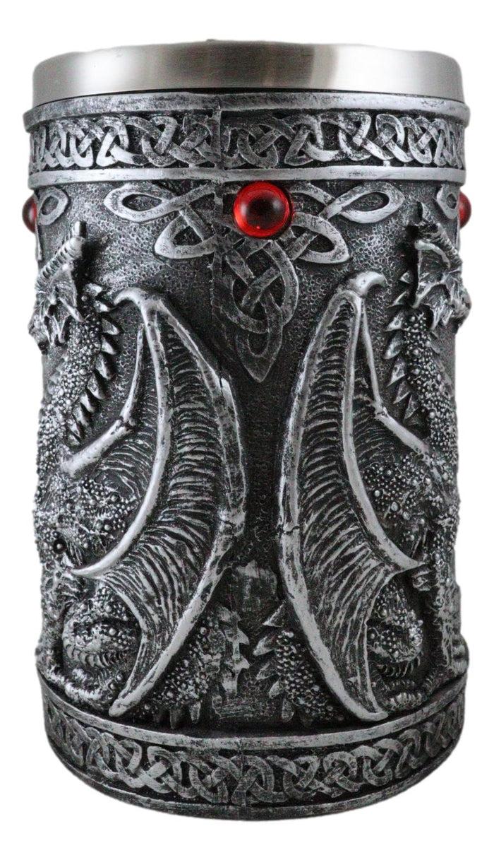 Ebros Gift Large Silver Celtic Twin Dragon Fire Drakes Coffee Mug Beer Stein Tankard 14oz