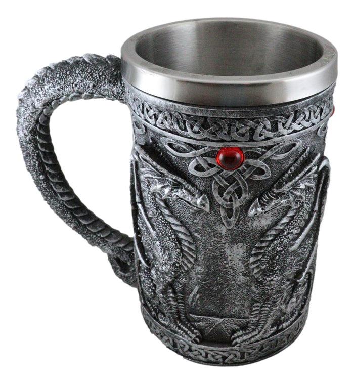 Ebros Gift Large Silver Celtic Twin Dragon Fire Drakes Coffee Mug Beer Stein Tankard 14oz