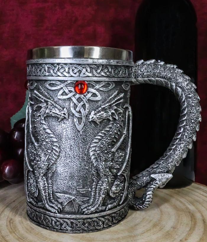 ebros gift Large Silver Celtic Twin Dragon Fire Drakes Coffee Mug Beer Stein Tankard 14oz
