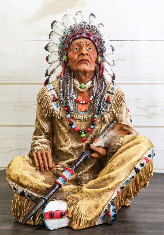 ebros gift Large Sitting Native Indian Tribal Chief Medicine Man With Peace Pipe Figurine