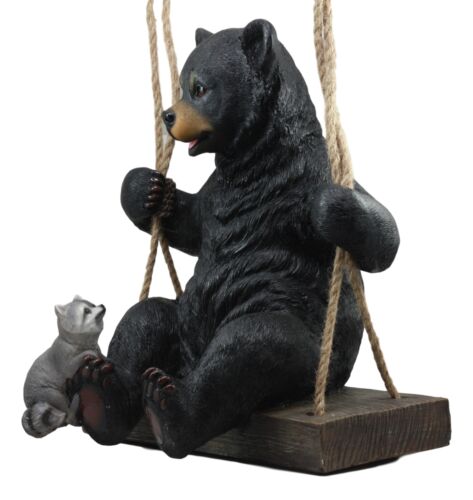 Ebros Gift Large Swinging Black Bear With Buddy Raccoon Hanging Statue With Rope Ties 15"H