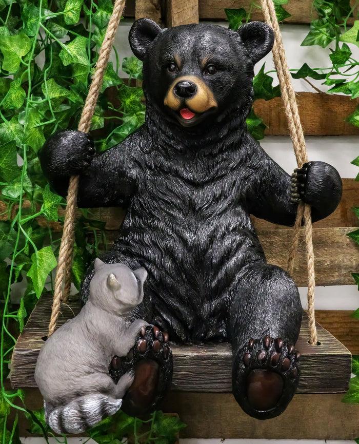 ebros gift Large Swinging Black Bear With Buddy Raccoon Hanging Statue With Rope Ties 15"H