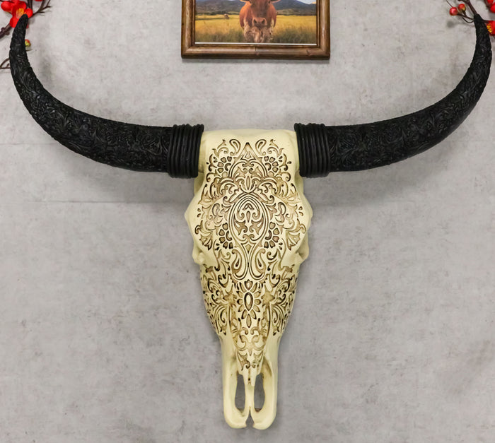 ebros gift Large Tribal Floral Vines Tooled Filigree Steer Cow Skull Wall Decor Plaque