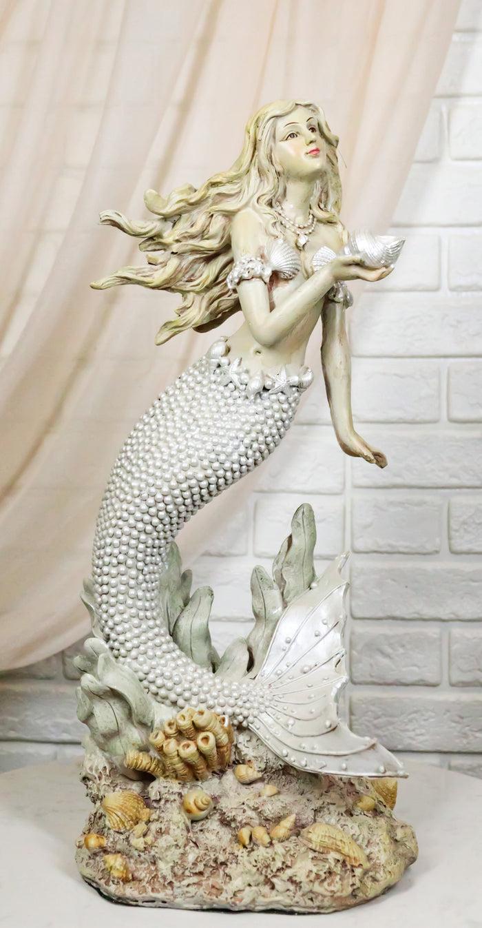 ebros gift Large Vintage Sea Goddess Mermaid Holding Sconce Standing By Coral Reef Statue