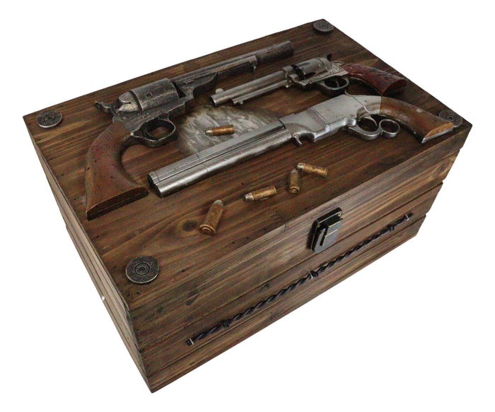 Ebros Gift Large Western Six Shooter Pistol Guns Ammo Bullets Decorative Wooden Box 15"L