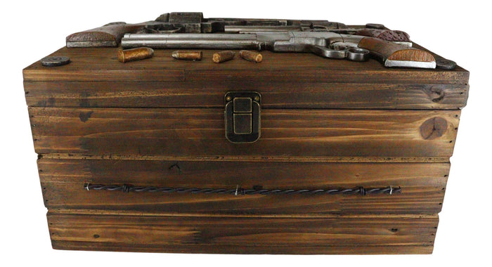 Ebros Gift Large Western Six Shooter Pistol Guns Ammo Bullets Decorative Wooden Box 15"L