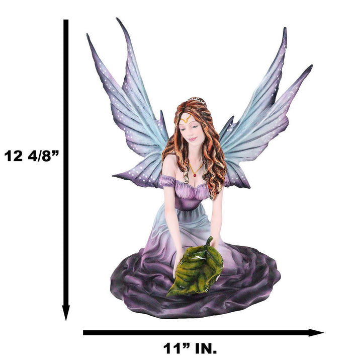 Ebros Gift Large Whimsical Purple Rose Fairy With Large Leaf Kneeling On Flower Figurine