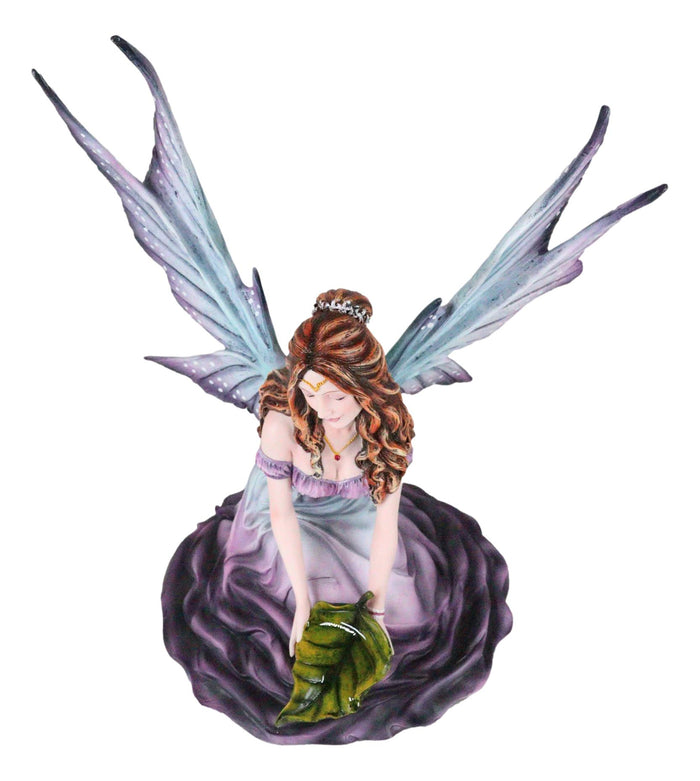 Ebros Gift Large Whimsical Purple Rose Fairy With Large Leaf Kneeling On Flower Figurine