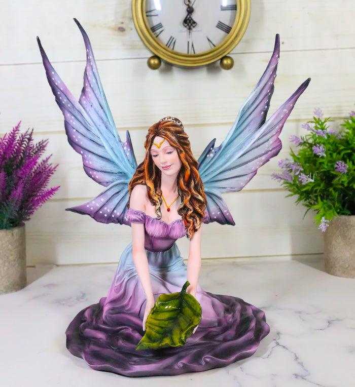 ebros gift Large Whimsical Purple Rose Fairy With Large Leaf Kneeling On Flower Figurine
