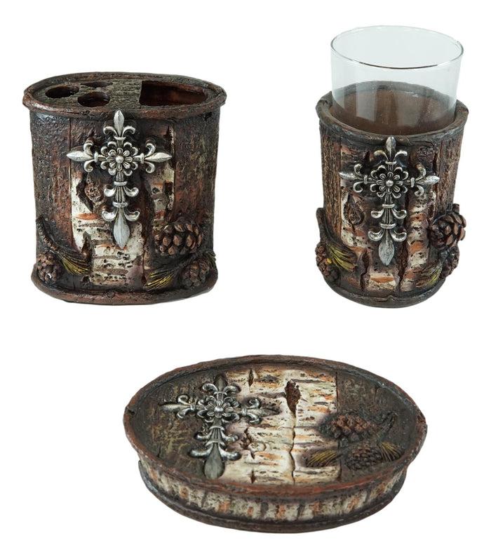 Ebros Gift Le Fleur Cross Birch And Pinecones Tumbler Cup Soap Dish & Toothbrush Holder