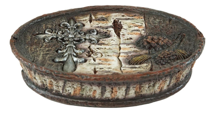 Ebros Gift Le Fleur Cross Birch And Pinecones Tumbler Cup Soap Dish & Toothbrush Holder