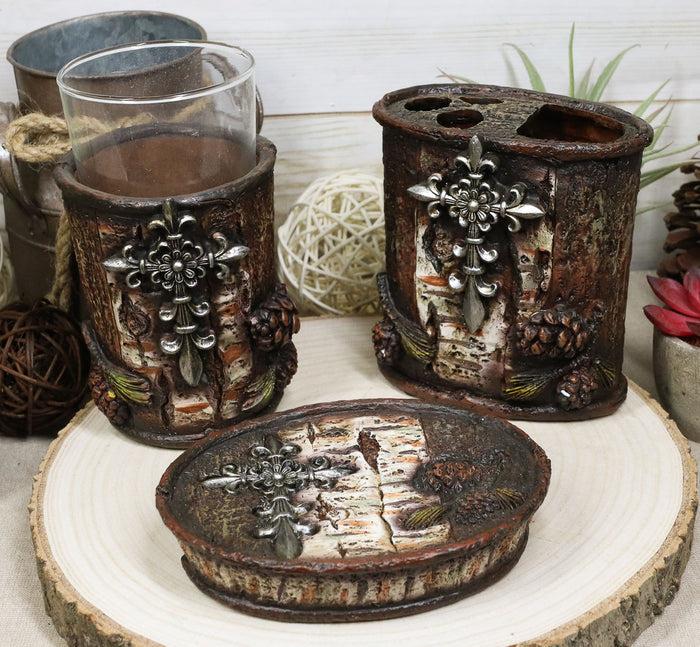 ebros gift Le Fleur Cross Birch And Pinecones Tumbler Cup Soap Dish & Toothbrush Holder