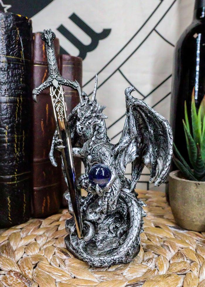 Ebros Gift Legendary Silver Dragon Carrying Orb And Excalibur Sword Letter Opener Figurine