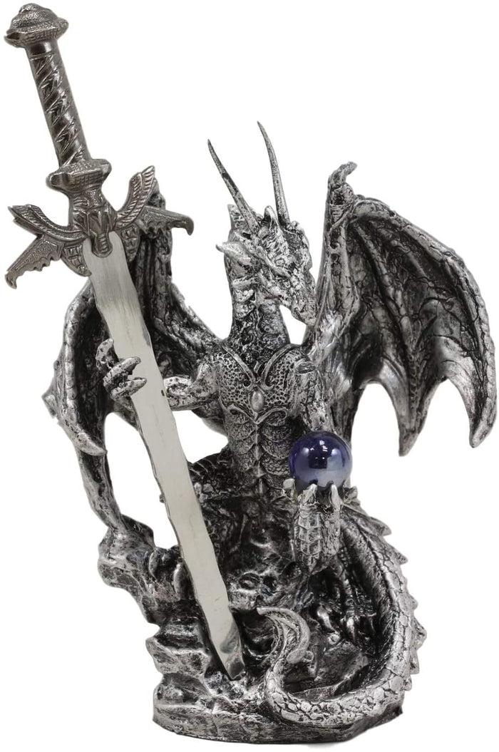 Ebros Gift Legendary Silver Dragon Carrying Orb And Excalibur Sword Letter Opener Figurine