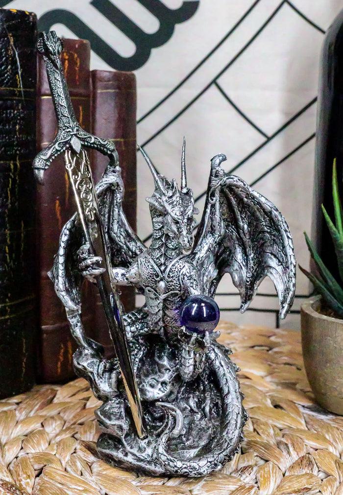 ebros gift Legendary Silver Dragon Carrying Orb and Excalibur Sword Letter Opener Figurine