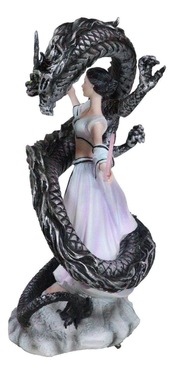 Ebros Gift Legends Oriental Black Dragon King With Red Fans Geisha Dancer Fairy Figurine