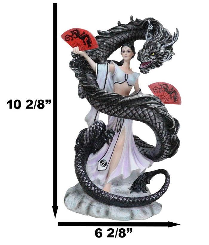 Ebros Gift Legends Oriental Black Dragon King With Red Fans Geisha Dancer Fairy Figurine