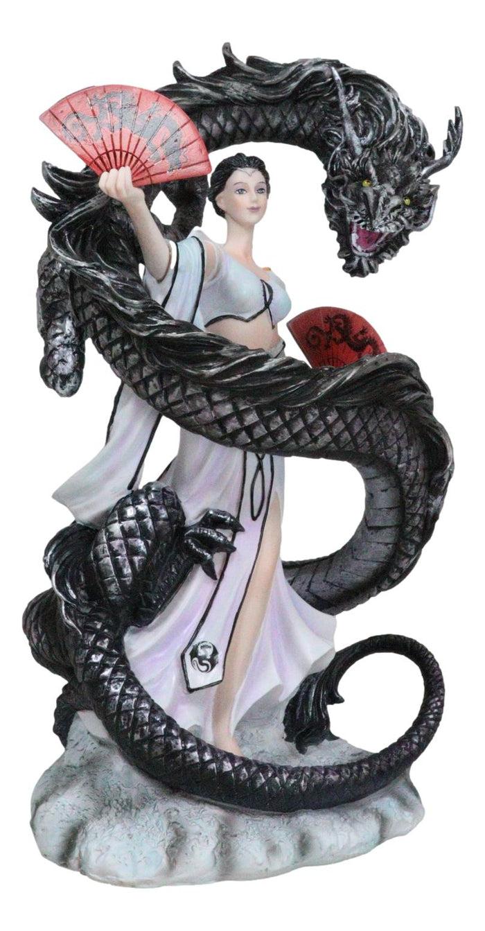 Ebros Gift Legends Oriental Black Dragon King With Red Fans Geisha Dancer Fairy Figurine