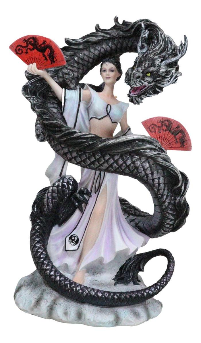 ebros gift Legends Oriental Black Dragon King With Red Fans Geisha Dancer Fairy Figurine
