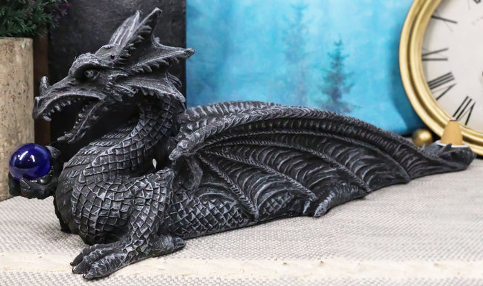 ebros gift Leviathan Water Dragon Holding Blue Crystal Orb Incense Cone Holder Figurine