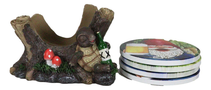 Ebros Gift Life Of The Party Gnome Toast And Drunk Turtle Tortoise Coasters And Holder Set
