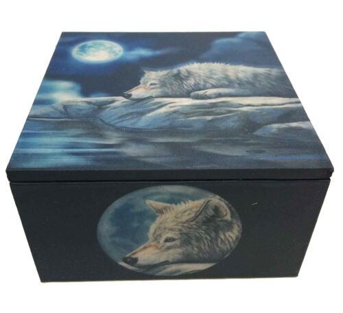 Ebros Gift Lisa Parker "Quiet Reflection" Alpha Wolf Under The Full Moon Mirror Trinket Box