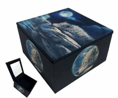 Ebros Gift Lisa Parker "Quiet Reflection" Alpha Wolf Under The Full Moon Mirror Trinket Box