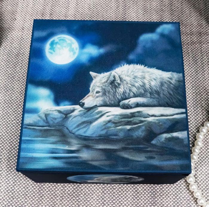 ebros gift Lisa Parker "Quiet Reflection" Alpha Wolf Under The Full Moon Mirror Trinket Box