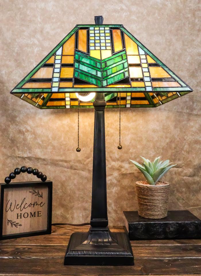 ebros gift Louis Comfort Tiffany Mission Style Geometric Green Arrow Glass Shade Table Lamp