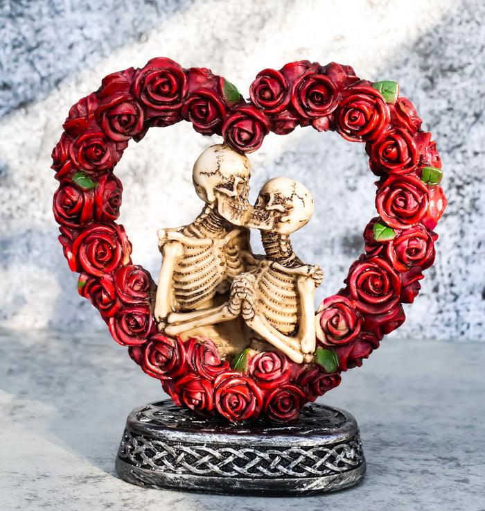 ebros gift Love Never Dies Roses On Heart Wreath Kissing Skeleton Couple Bronzed Figurine