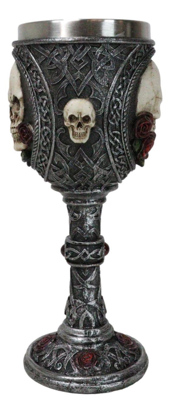 Ebros Gift Love Never Dies Sugar Skull On Bed Of Red Roses Wine Goblet With Celtic Knotwork