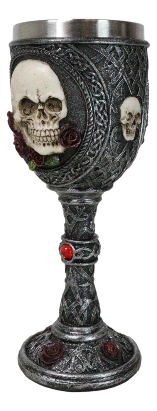 Ebros Gift Love Never Dies Sugar Skull On Bed Of Red Roses Wine Goblet With Celtic Knotwork