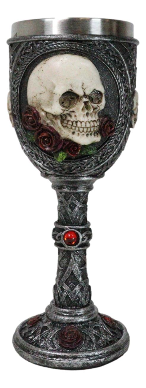 ebros gift Love Never Dies Sugar Skull On Bed Of Red Roses Wine Goblet With Celtic Knotwork