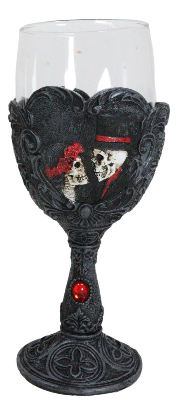 Ebros Gift Love Never Dies Wedding Bride Groom Skulls Scrollwork Wine Glass Chalice Goblet