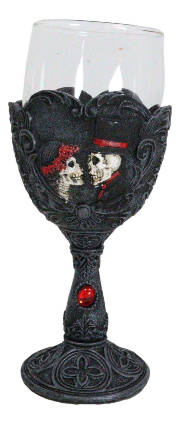 ebros gift Love Never Dies Wedding Bride Groom Skulls Scrollwork Wine Glass Chalice Goblet